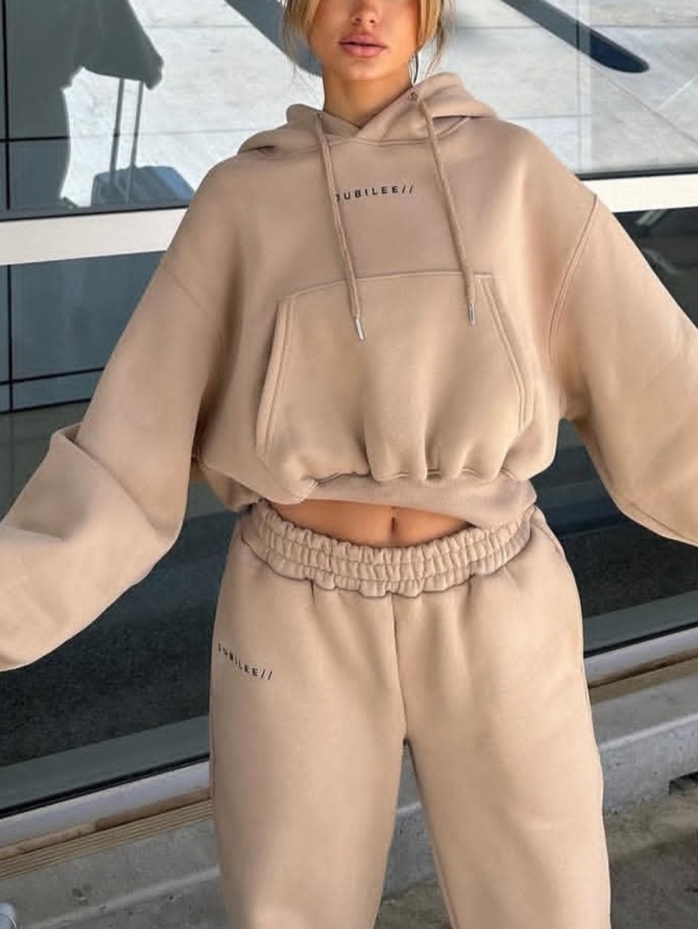 JUBILEE Fleece Beige Latte Neutral Hoodie Set